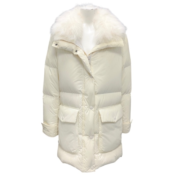 YVES SALOMON ARMY IVORY HOODED DOWN COAT WITH FUR - Picture 1 of 10